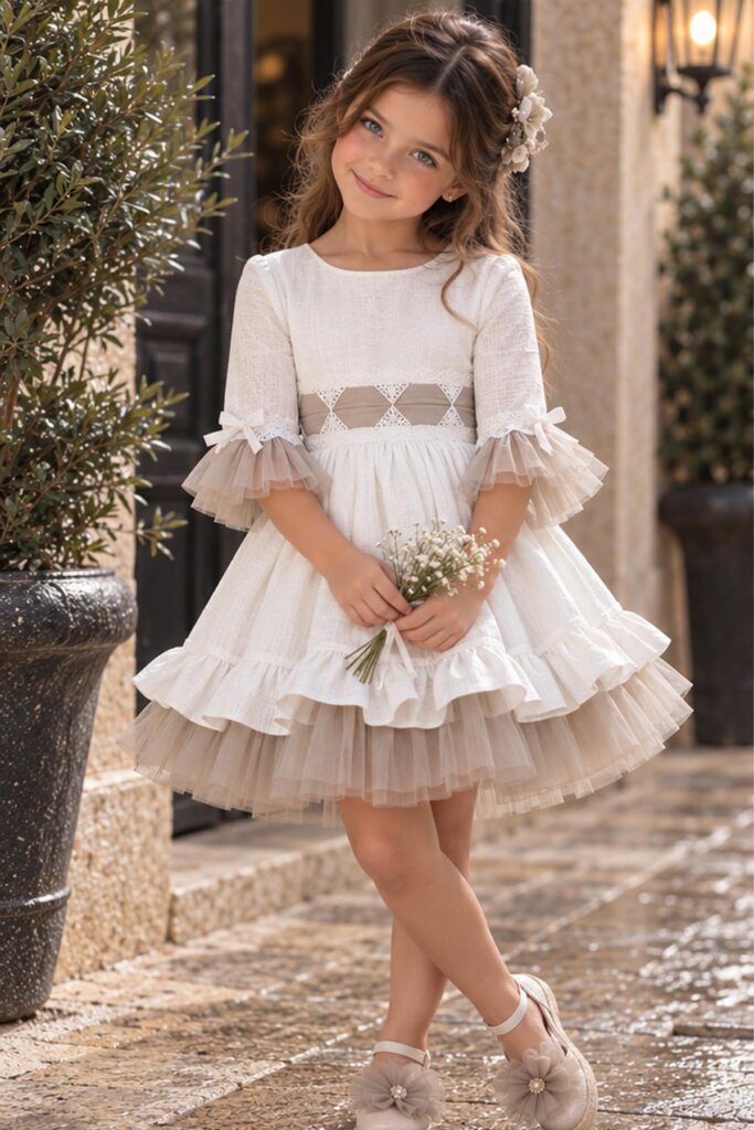 Vestido de Ceremonia y Arras Niña NEKENIA Blanco Roto y Beige